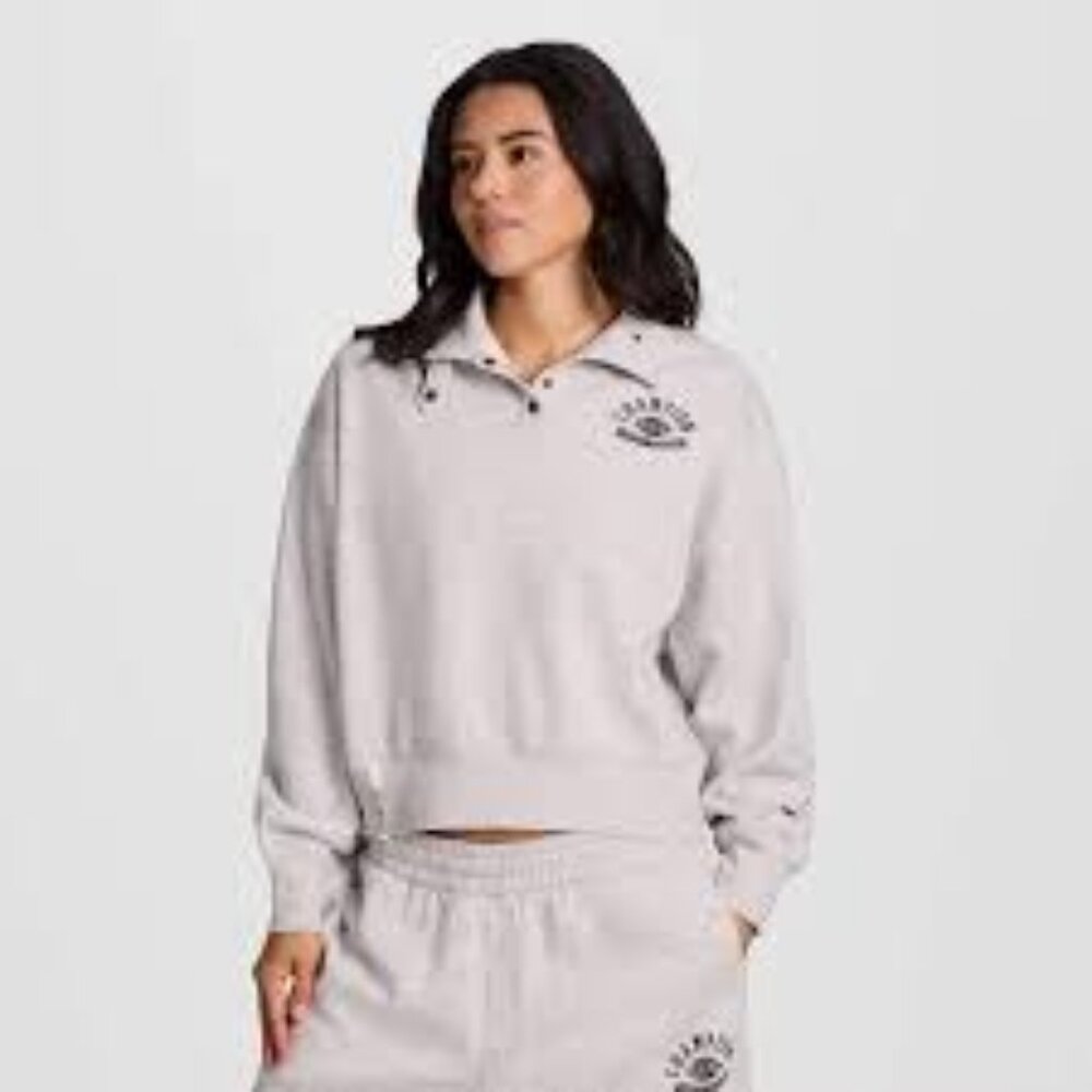 ~Champion Women's Long Sleeve Fleece 1/4 Snap Cropped Pullover - Heather Gray~XL